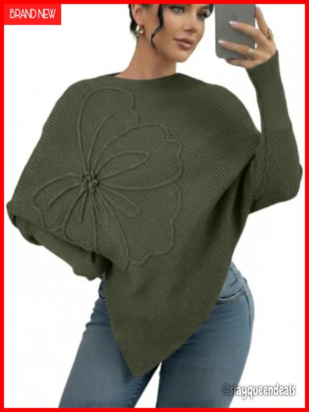 Asymmetrical Poncho Knit Pullover Sweater Batwing Sleeve Floral Applique